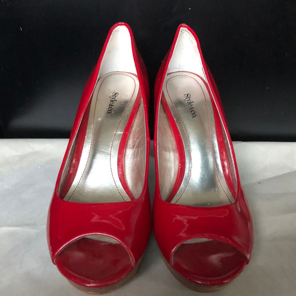Style & Co Red Open Toe Leather Platform Heels Pumps Size 5